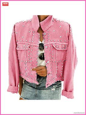 Studded Denim Jacket Cropped Frayed Western Trucker Coat Women